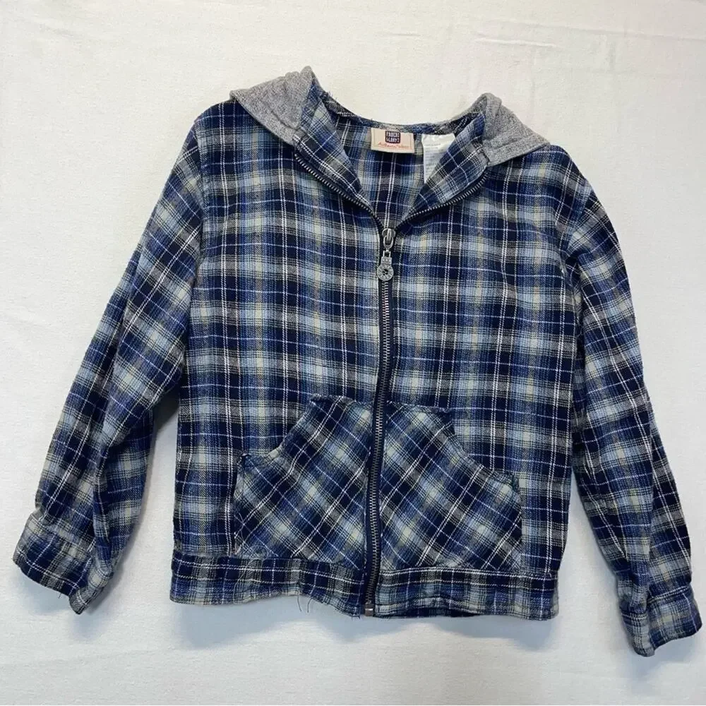 Girls Plaid Flannel Hoodie Jacket Size 6 Blue Gray Full Zip Hooded Shirt Jacket